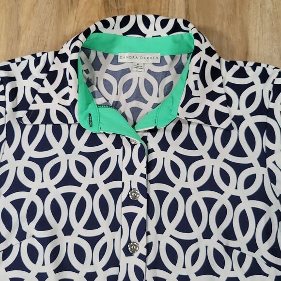 🔹️Sandra Darren Blue & White Geometric 3/4 Sleeve Dress Size 6 - Picture 3 of 11